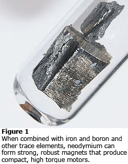 当与铁、硼和其他微量元素结合时，钕可以形成坚固的磁铁，产生紧凑的高扭矩电机。