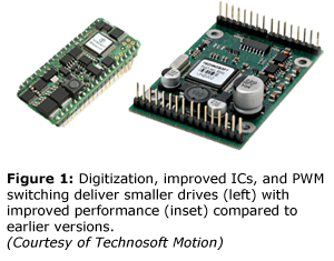 图1:与早期版本相比，数字化、改进的集成电路和PWM开关提供了更小的驱动器(左)和更好的性能(插图)。(由Technosoft Motion提供)