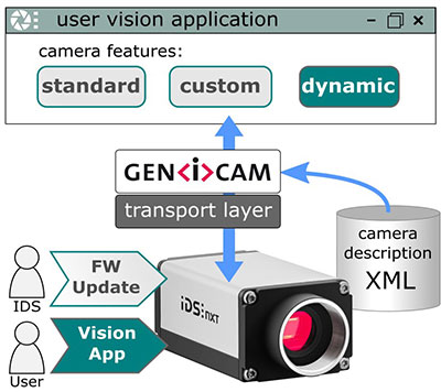 即使是自行编程的视觉应用程序，也可以从任何GenICam应用程序查询和执行，使用智能GenICam，就像任何其他相机功能的制造商。