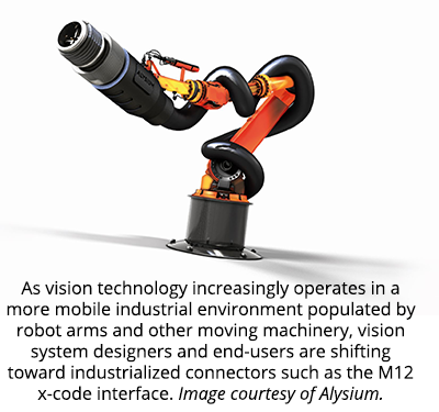 随着视觉技术越来越多地在由机器人手臂和其他移动机械组成的移动工业环境中运行，视觉系统设计师和最终用户正在转向工业化连接器，如M12 x-code接口。图片由Alysium提供。