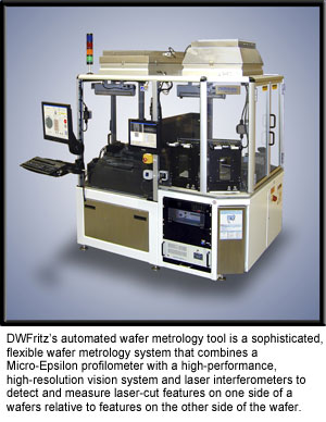 DWFritz的自动化晶圆测量工具是一种复杂、灵活的晶圆测量系统，它将Micro-Epsilon轮廓仪与高性能、高分辨率视觉系统和激光干涉仪相结合，用于检测和测量晶圆一侧相对于另一侧的激光切割特征。