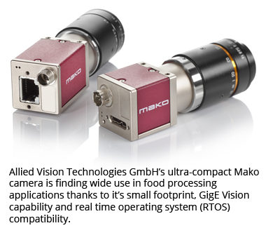 Allied Vision Technologies GmbH的超小型摄像机因其占地面积小、GigE视觉功能和实时操作系统（RTOS）兼容性而在食品加工应用中得到广泛应用。