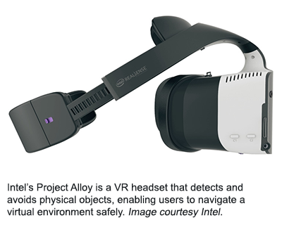 英特尔的Project Alloy是一款VR头戴式设备，可以探测和避免物理物体，使用户能够安全地在虚拟环境中导航。图片由英特尔