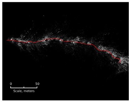 图4：通过森林的250米无人机轨迹（红色）的自上而下视图，其中3D地图覆盖在灰色点中，由直接稀疏的内径术Slam产生。