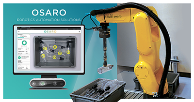 Osaro的机器学习软件，掌握点显示，机器人手臂采摘透明塑料件。信用：奥斯卡罗