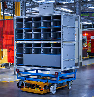自主移动机器人从云端接收订单，并在整个工厂运送集装箱，确保汽车制造商的生产线可靠、准时地接收零部件。(宝马集团提供)