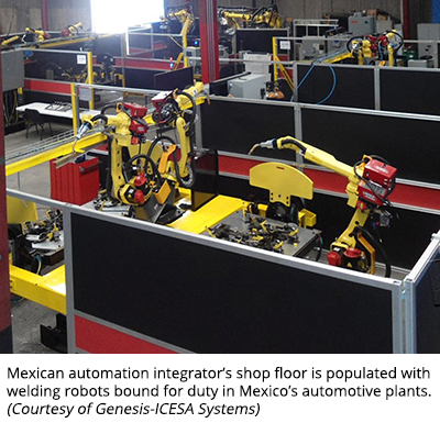 墨西哥自动化集成商店的车间填充焊接机器人在墨西哥汽车厂的责任。（由Genesis-IceSA系统提供）