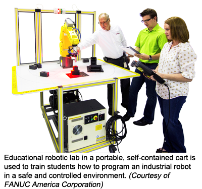 教学机器人实验室在一个便携式，自给自足的推车用于训练学生如何编程工业机器人在一个安全和可控的环境。(由FANUC美国公司提供)