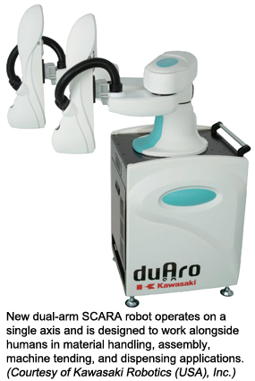 新型双臂SCARA机器人在单轴上工作，设计用于与人类一起工作在物料搬运，组装，机器保养和分配应用。(由川崎机器人(美国)公司提供)
