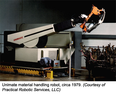 唯一的材料搬运机器人，大约1979年。(由实用机器人服务有限责任公司提供)
