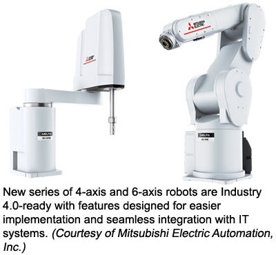 新系列的4轴和6轴机器人符合工业4.0标准，具有更容易实现和与IT系统无缝集成的功能。(由三菱电气自动化公司提供)