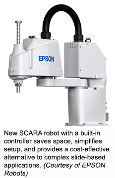 新型SCARA机器人具有内置控制器，节省了空间，简化了设置，为复杂的基于幻灯片的应用程序提供了一种低成本的替代方案。(由爱普生机器人提供)