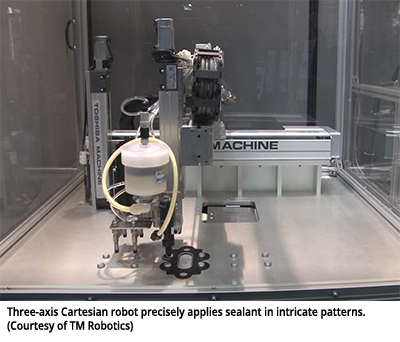 三轴笛卡儿机器人在复杂的图案中精确地应用密封胶。(由TM Robotics提供)