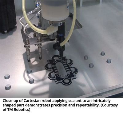 直角机器人在复杂形状的零件上涂密封胶的特写展示了精确性和可重复性。(由TM Robotics提供)