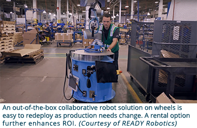 一个开箱即用的轮式协作机器人解决方案很容易随着生产需求的变化而重新部署。租赁选项进一步提高了投资回报率。(由READY Robotics提供)