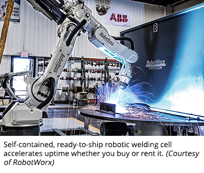 独立，随时准备发货的机器人焊接单元加速正常运行时间，无论您购买或租用它。(由RobotWorx提供)