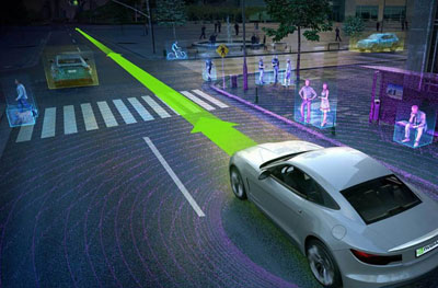 自动驾驶汽车在繁忙的城市街道上行驶的概念图像。