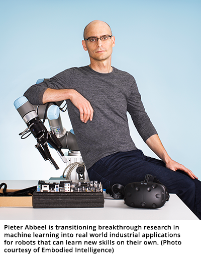 彼得·阿贝尔(Pieter Abbeel)正在将机器学习方面的突破性研究转变为现实世界的工业应用，让机器人能够自己学习新技能。（照片由体现智慧提供）