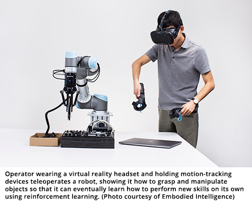 佩戴虚拟现实耳机和持有动作跟踪设备的操作员举个机器人，展示如何掌握和操纵对象，使其最终可以学习如何使用加强学习来完成新技能。（照片由体现智慧提供）