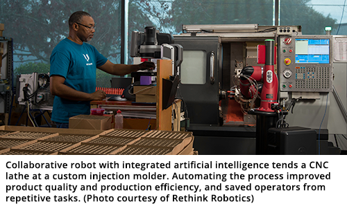 与集成人工智能协同机器人往往数控车床在定制注塑商。188金宝搏下载界面自动化提高了产品质量和生产效率，并保存运营商从重复性任务的过程。（照片由Rethink机器人提供）