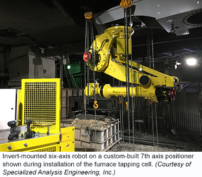 倒置安装的六轴机器人在一个定制的第七轴定位器显示在安装熔炉攻丝单元。(由Specialized Analysis Engineering, Inc.提供)