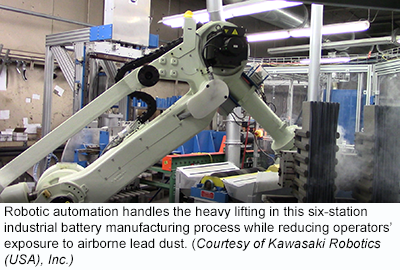 在这个六工位工业电池制造过程中，机器人自动化处理了繁重的搬运工作，同时减少了操作员接触空气中的铅尘。(由美国川崎机器人公司提供)
