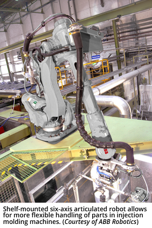 架子式六轴关节机器人允许更灵活的处理注塑机零件。(由ABB机器人提供)