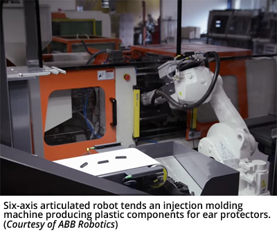 六轴关节机器人负责生产护耳塑料部件的注塑机。(由ABB机器人提供)