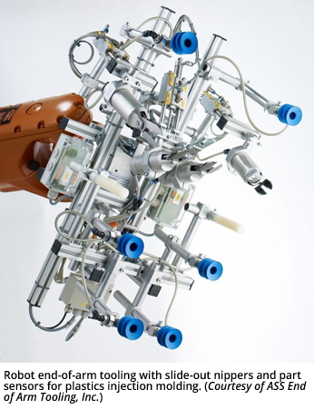 用于塑料注射成型的带滑出夹钳和零件传感器的机器人臂端工具。(由ASS End of Arm工装公司提供)