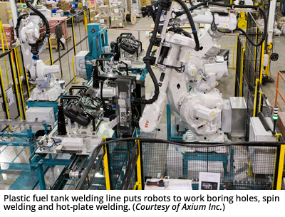 塑料燃料箱焊接生产线是由机器人进行钻孔、旋焊和热板焊接等工作。(由Axium Inc.提供)