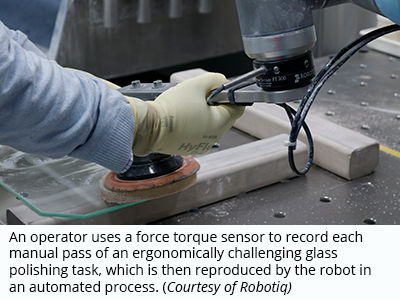 操作人员使用力扭矩传感器来记录每一个具有人体工程学挑战性的玻璃抛光任务的手动过程，然后由机器人在自动化过程中再现。(由Robotiq提供)