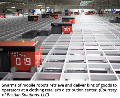 在一家服装零售商的配送中心，成群的移动机器人检索并将一箱箱的货物送到操作人员手中。(由Bastian Solutions, LLC提供)