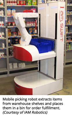 移动拾取机器人从仓库货架上提取物品，并将它们放在一个箱子中执行订单。(由IAM Robotics提供)