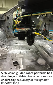 一个2D视觉引导机器人在汽车底盘上执行螺栓射击和紧固(由Recognition Robotics Inc.提供)