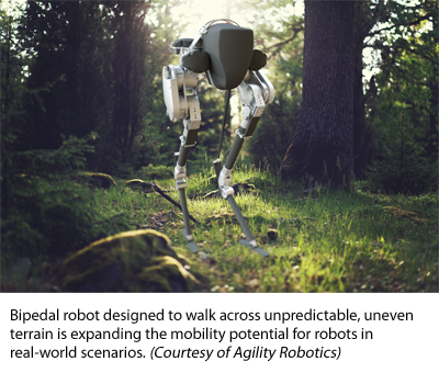 双足机器人旨在通过不可预测的、不平坦的地形，这扩大了机器人在现实场景中的移动潜力。(由Agility Robotics提供)