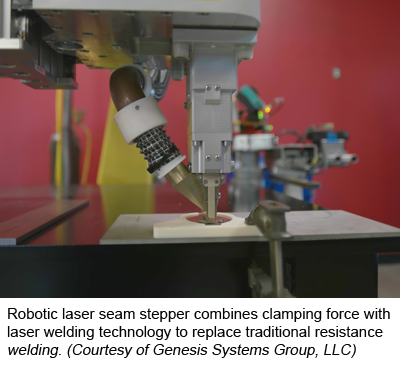 机器人激光焊缝步进器将夹紧力与激光焊接技术相结合，取代了传统的电阻焊接技术。(Genesis Systems Group, LLC提供)