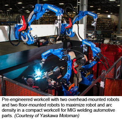 预先设计的工作单元，配备两个架空机器人和两个落地机器人，在紧凑的工作单元中最大限度地提高机器人和电弧密度，用于MIG焊接汽车部件。(Yaskawa Motoman)