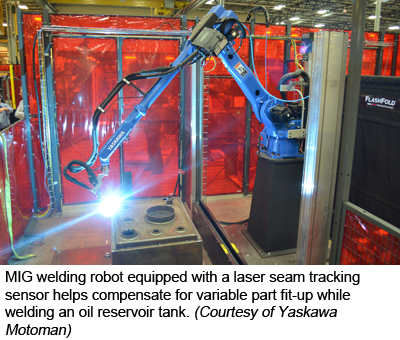 MIG焊接机器人配备有激光缝跟踪传感器，有助于补偿焊接储油箱的可变部件安装。(Yaskawa Motoman)