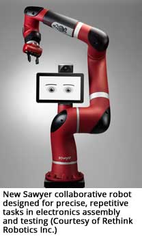新索耶协同机器人设计用于电子组装和测试中精确、重复的任务(由Rethink Robotics Inc.提供)