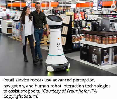 零售服务机器人使用先进的感知、导航和人机交互技术来帮助购物者。（由Fraunhofer IPA提供，版权所有Saturn）
