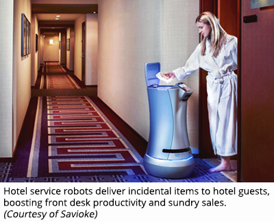 酒店服务机器人为酒店客人提供附带物品，提高了前台的工作效率和杂货销售。(由Savioke)