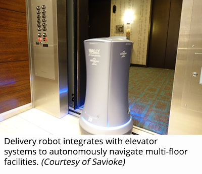 交付机器人与电梯系统集成，可自主导航多层设施。（萨维奥克提供）
