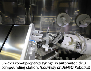 六轴机器人在自动配药站准备注射器(由DENSO Robotics提供)