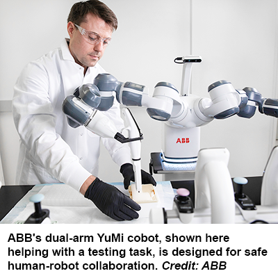 ABB的双臂YuMi合作机器人(如图所示)正在帮助完成一项测试任务，它是为安全的人机合作而设计的。信贷:ABB