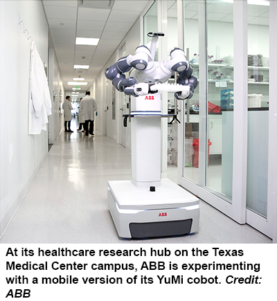 ABB在其位于德克萨斯州医疗中心校园的医疗研究中心，正在试验其YuMi cobot的移动版本。信用：ABB