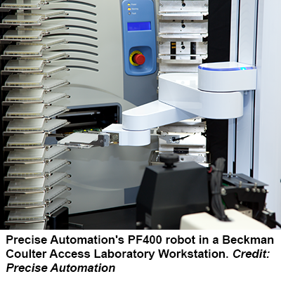 精密自动化的PF400机器人在贝克曼库尔特访问实验室工作站。信贷:精确的自动化