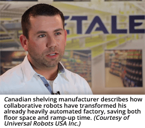 加拿大货架制造商描述了协作机器人如何改变了他已经高度自动化的工厂，节省了地板空间和生产时间。(由万能机器人美国公司提供)
