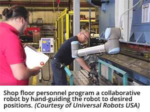 车间人员通过手动引导机器人到所需位置来编程协作机器人。(由万能机器人美国公司提供)