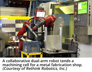 一个协作式双臂机器人正在为金属加工车间照料加工单元。(由Rethink Robotics, Inc.提供)