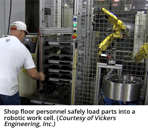 车间人员安全地将零件装入机器人工作单元。(维克斯工程公司提供)